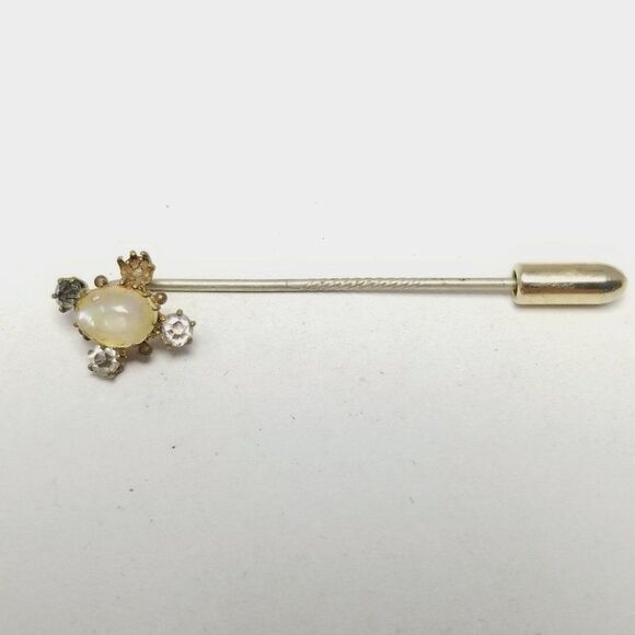 Vintage Rhinestone Stick PIn Brooch, Missing Stone, Oval Cabocohon Center Estate - Picture 6 of 6